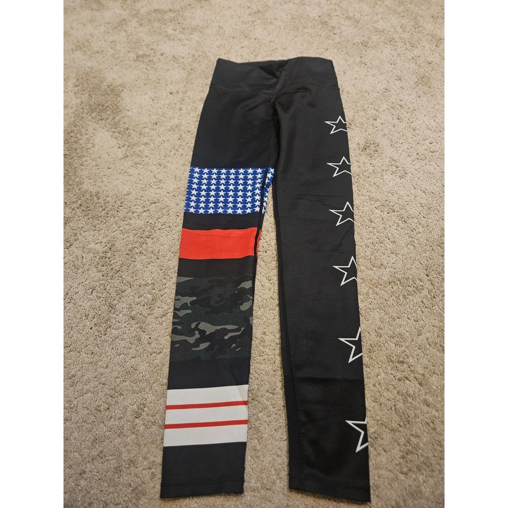 Noli Yoga Women American Flag Camo Stars Stripes High Rise Leggings Black Small